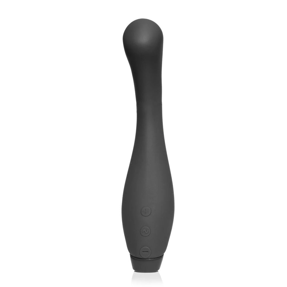 A sleek, black G-spot vibrator with a curved tip and smooth surface, designed for powerful stimulation.