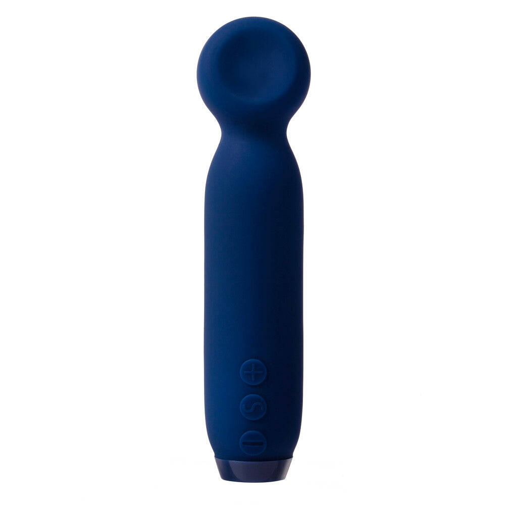 A navy blue, sleek and modern bullet vibrator with a rounded tip and a built-in control panel.