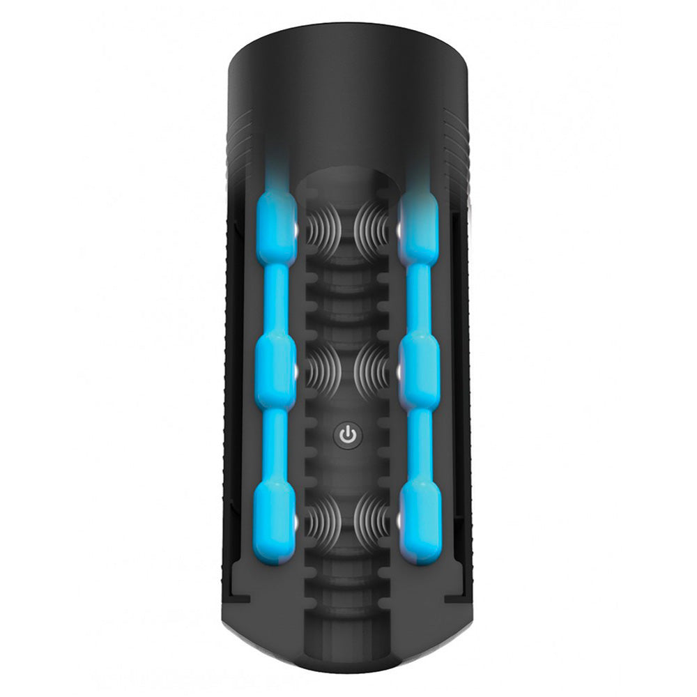 Black cylindrical device with blue accents on a white background