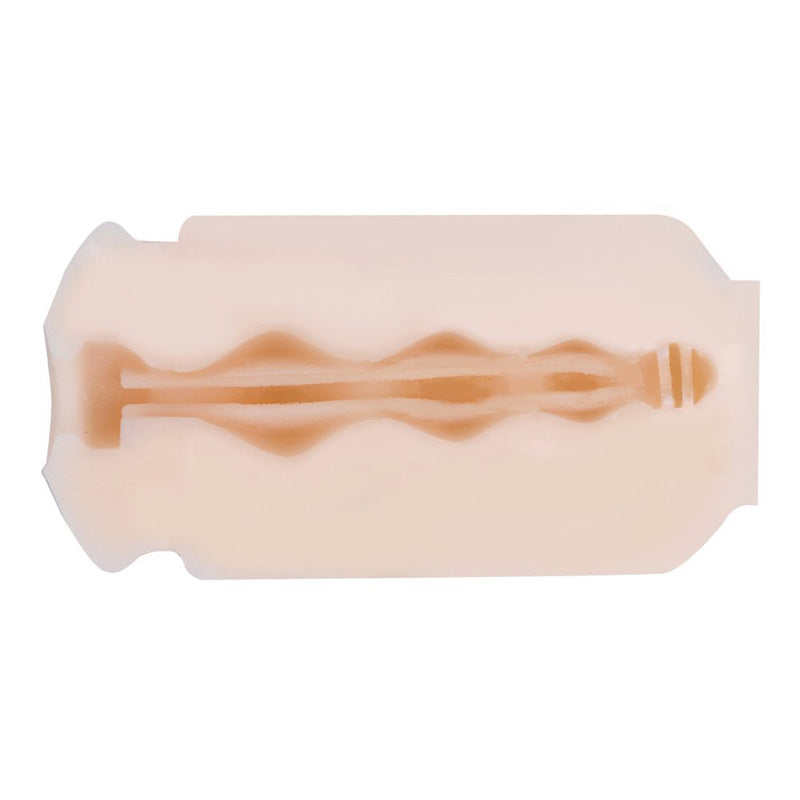 A flesh-pink cylindrical shape with a textured interior designed as an adult toy insert.