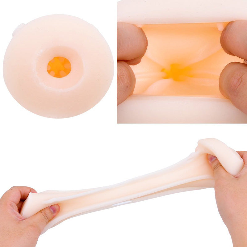 Collage of a stretchy, translucent orange object with a white background.
