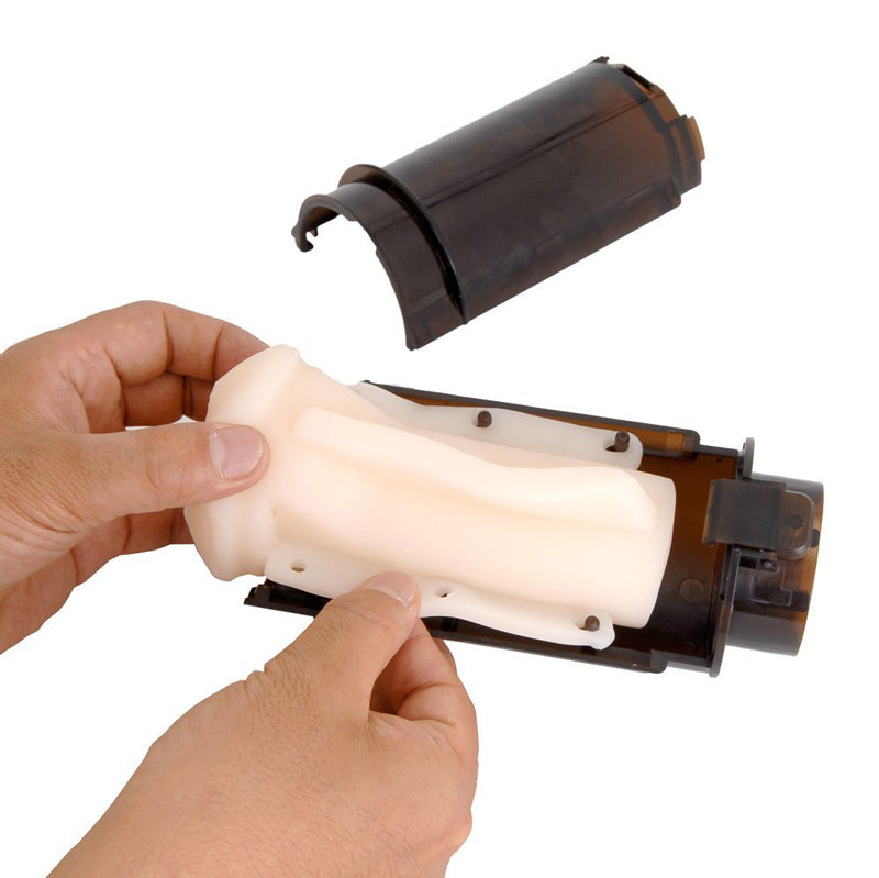 Person replacing a light bulb in a lamp fixture.