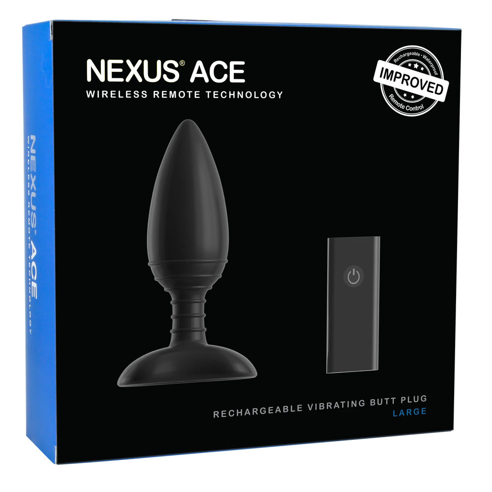 Box of a Nexus Ace wireless remote technology product with a black item and blue edge.