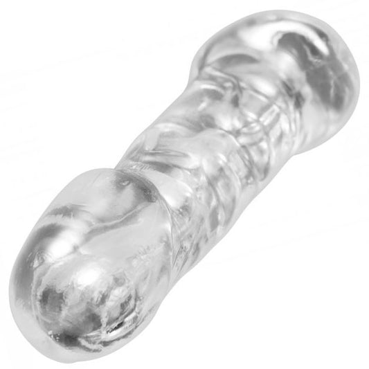 Clear plastic object with a textured surface on a white background