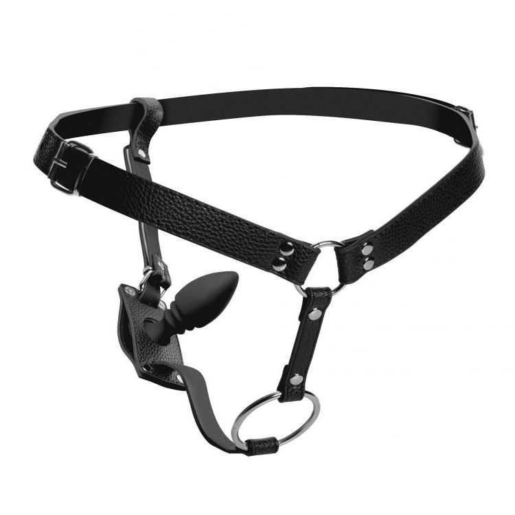 Black leather harness with metal hardware on a white background