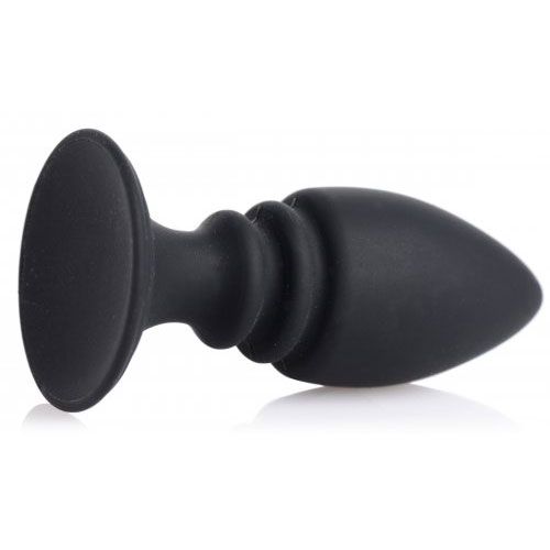 Black silicone butt plug on a white background