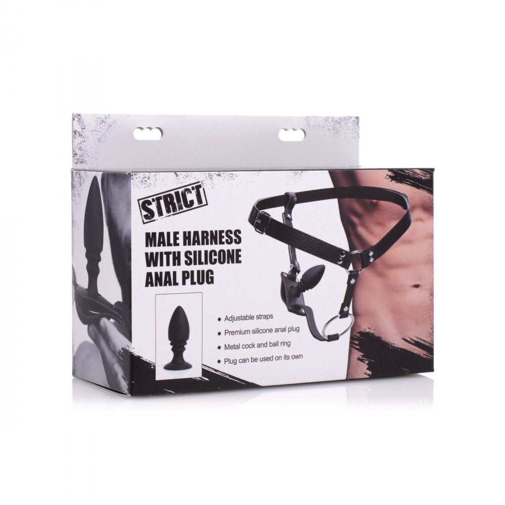 Box of Strict male harness with silicone anal plug on a white background