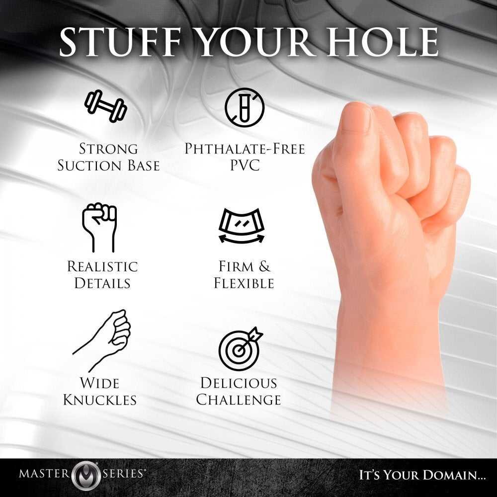 Product advertisement with a hand and features listed on a white background