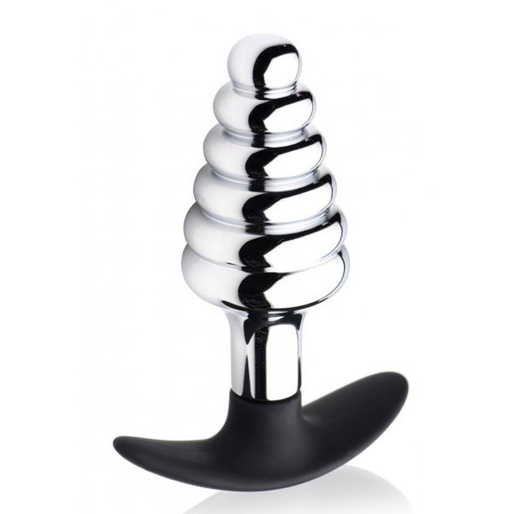 Metallic spiral object with black base on a white background