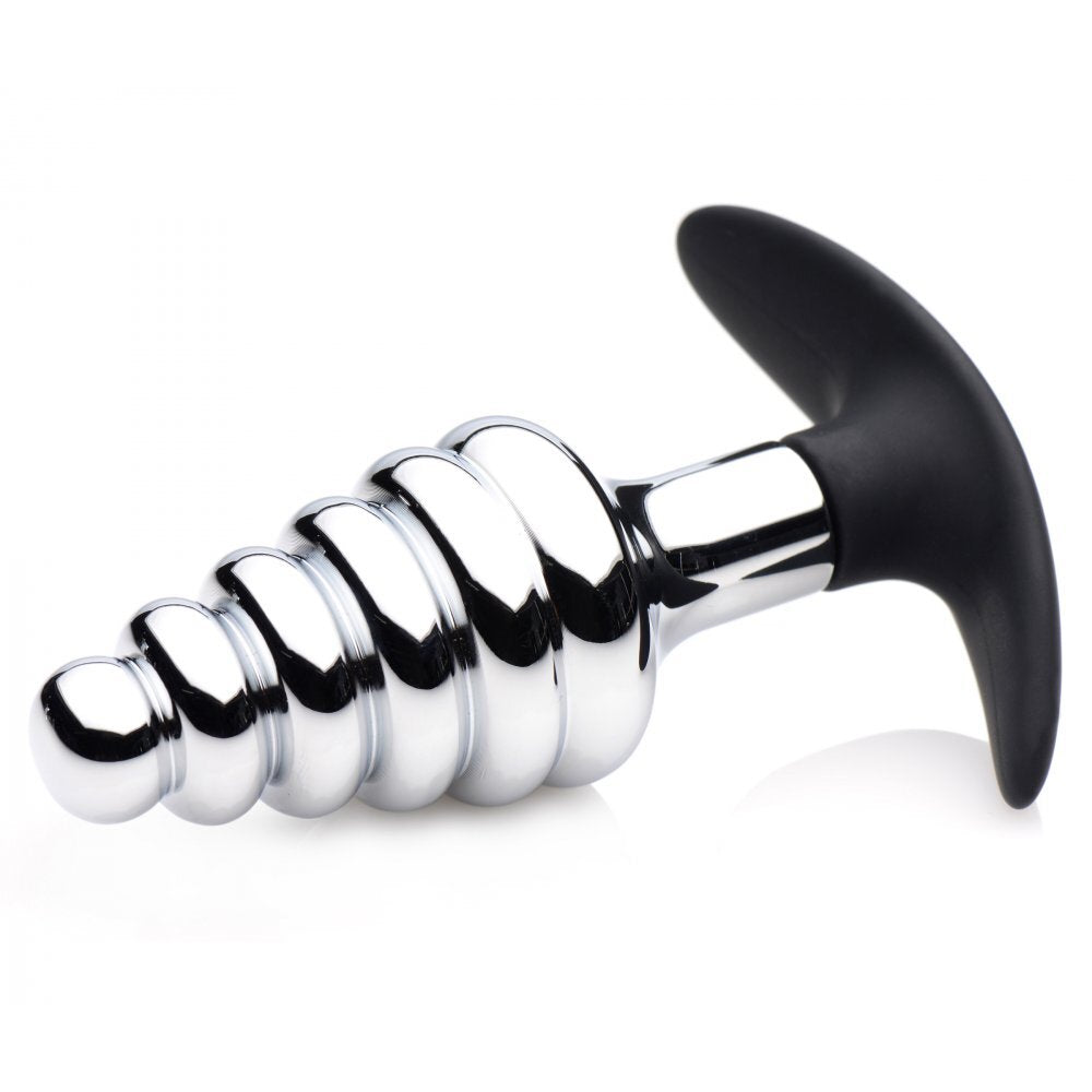 Metallic and black screw-shaped object on a white background
