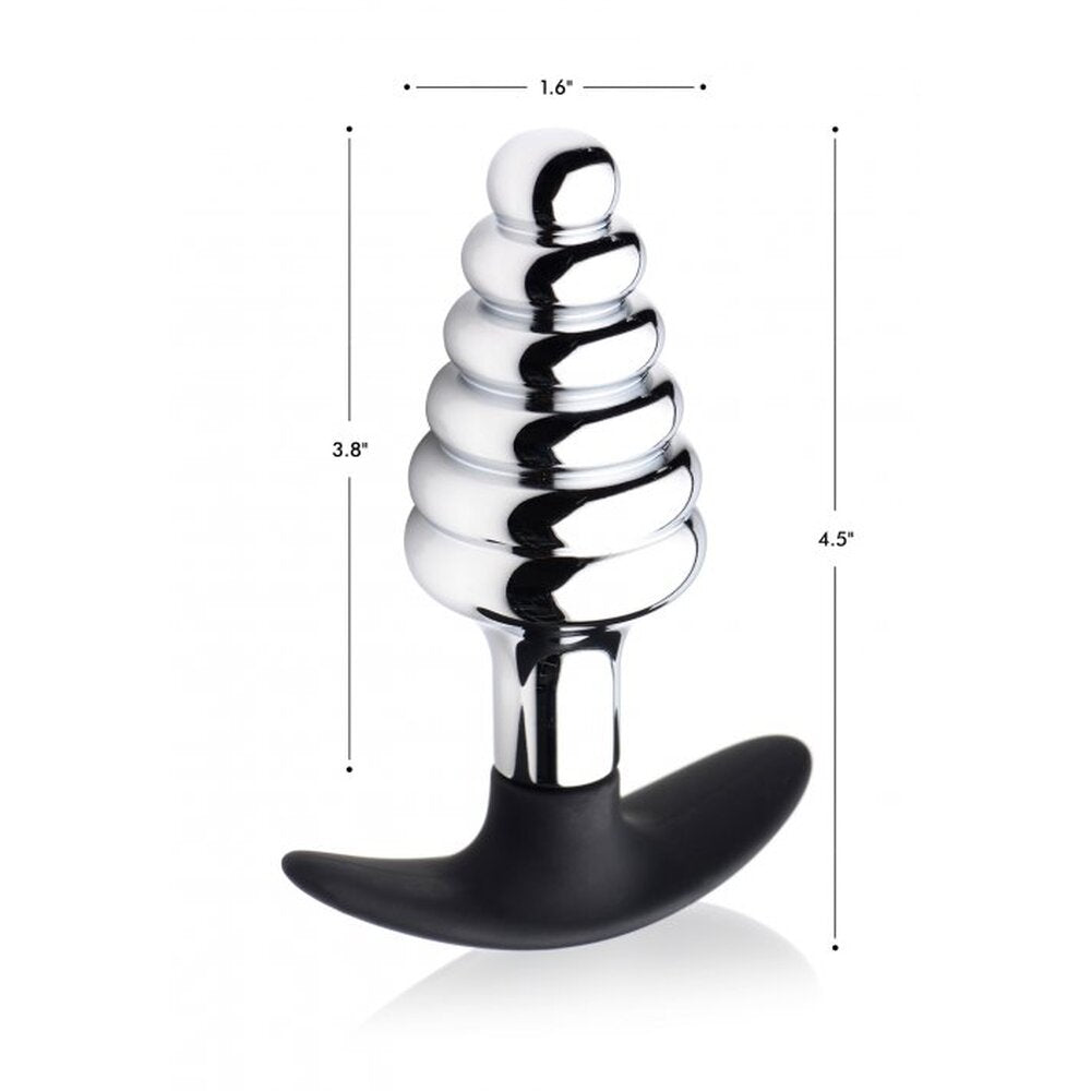 Metallic spiral object with dimensions labeled on a white background