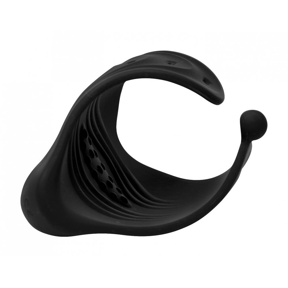 Black wireless earbud on a white background