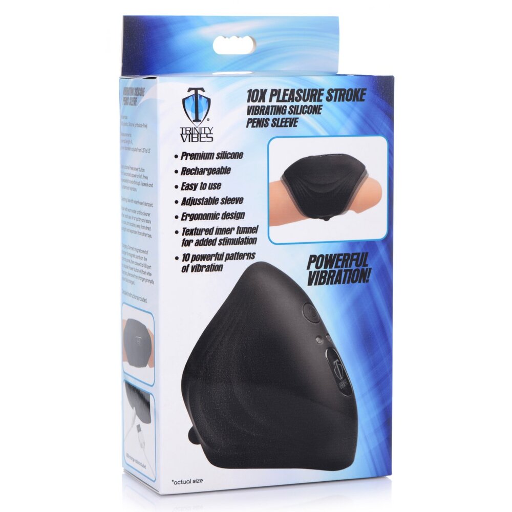 The product image shows the packaging of the XR Vibes 10X Pleasure Stroke Vibrating Penis Sleeve. The box is mostly black with images and text highlighting the product's features, such as its ergonomic design, 10x pleasure stroke capability, and 3 speeds and 7 patterns of vibration.