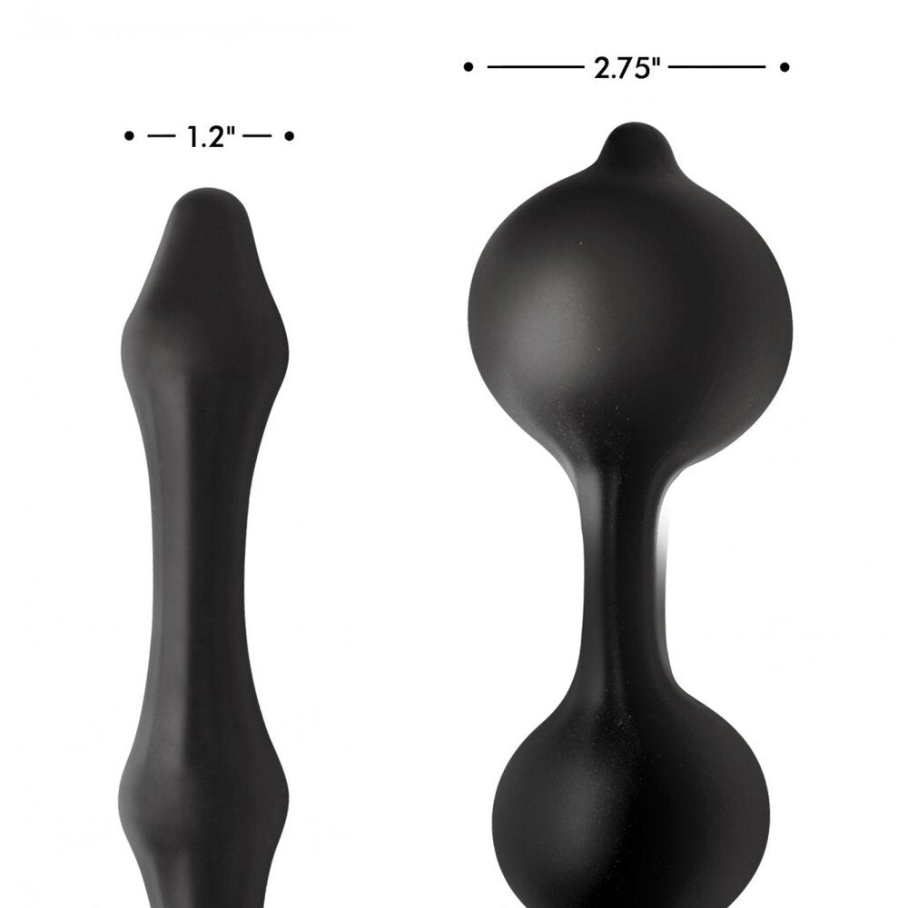 Black double-ended tool with measurements on a white background
