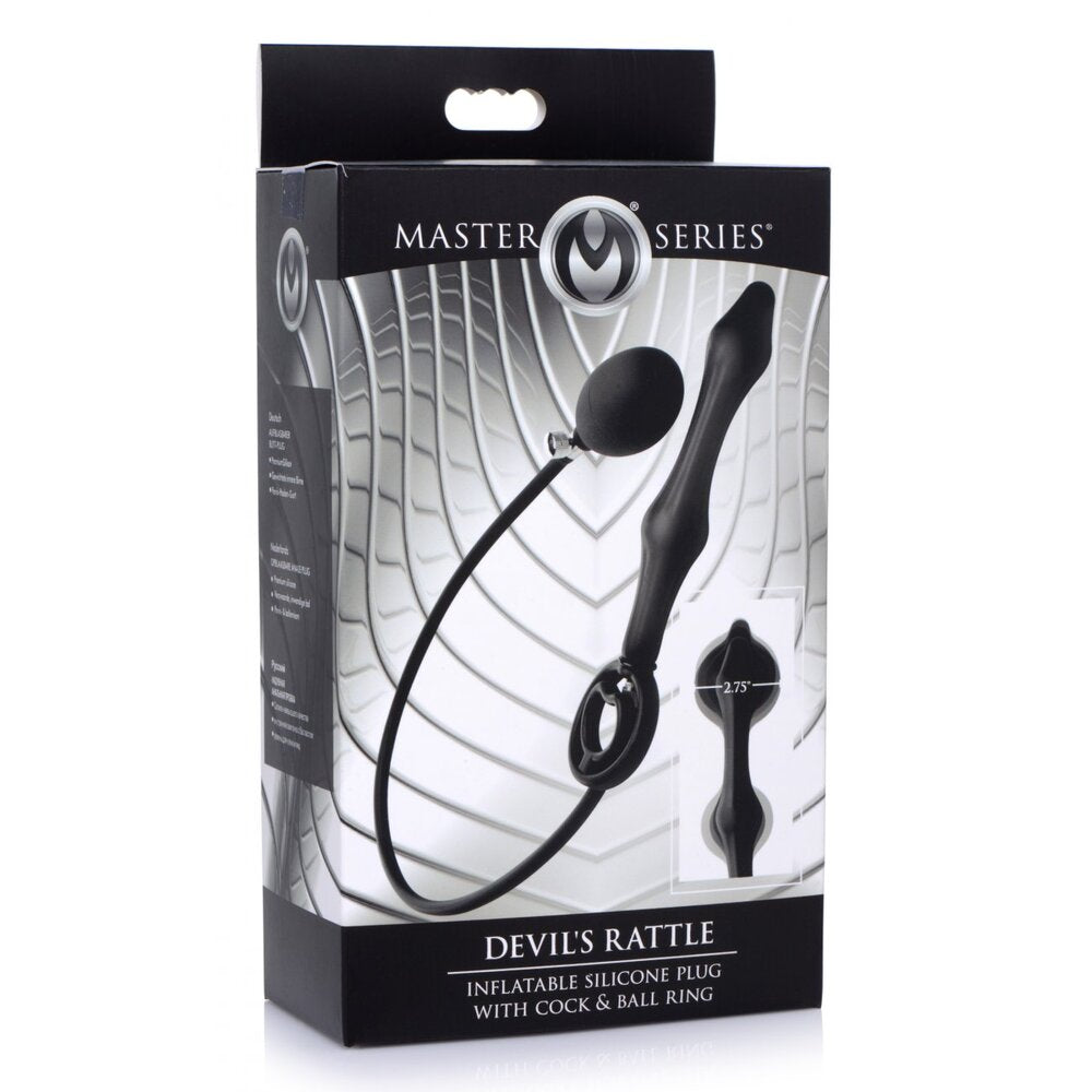 Packaging of Master Series Devil's Rattle inflatable silicone plug with cock and ball ring on a white background.