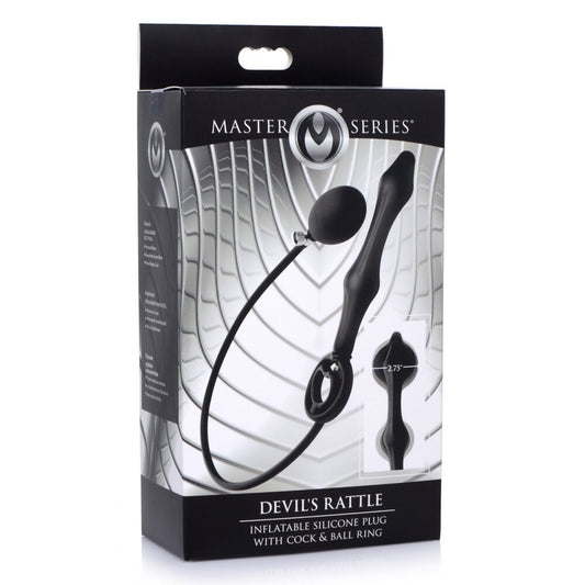 Packaging of Master Series Devil's Rattle inflatable silicone plug with cock and ball ring on a white background.