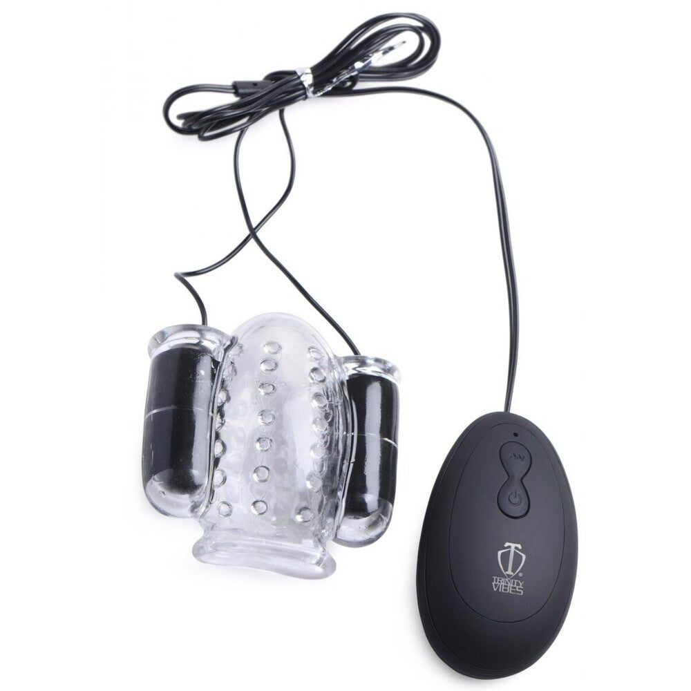 A clear, dual vibrating head teaser with a black wired remote control featuring three buttons for adjusting speed and pattern selection.