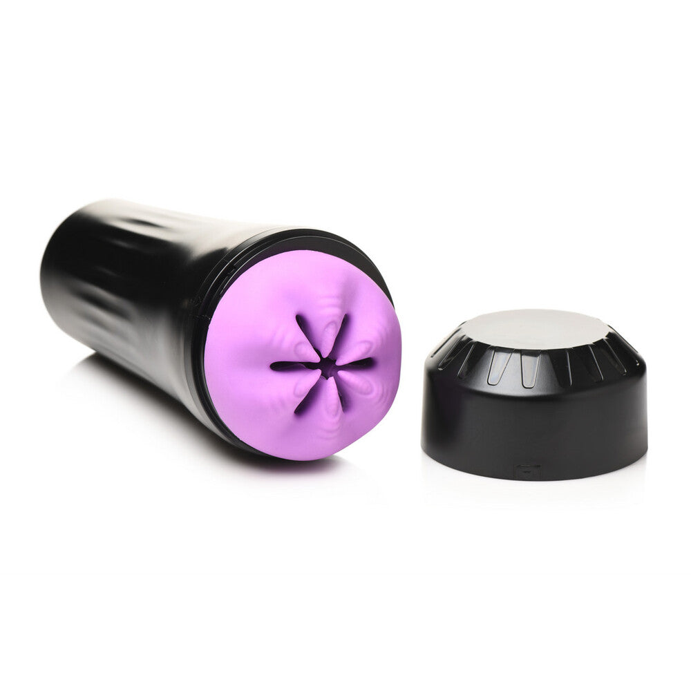 Black cylindrical object with a purple circular component on a white background