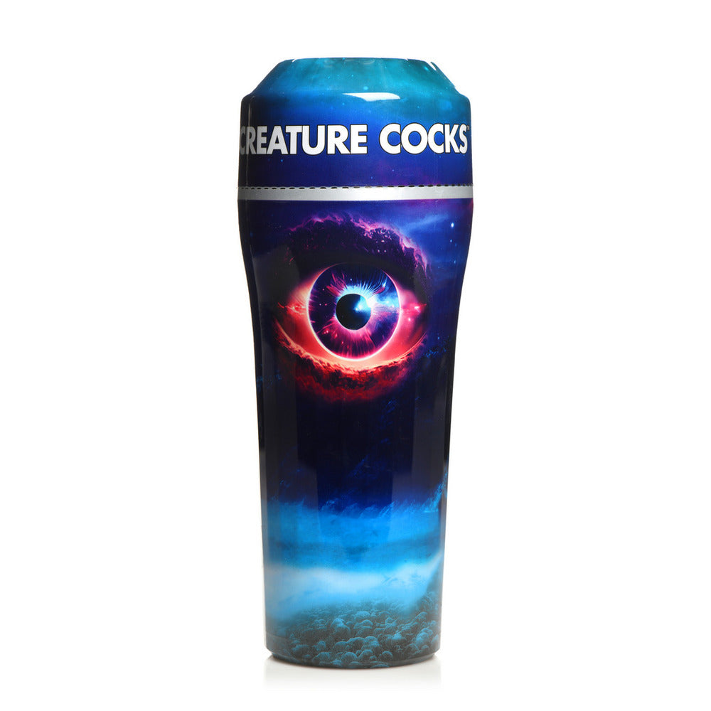 Tumbler with eye design and 'CREATURE COCKS' text on a white background