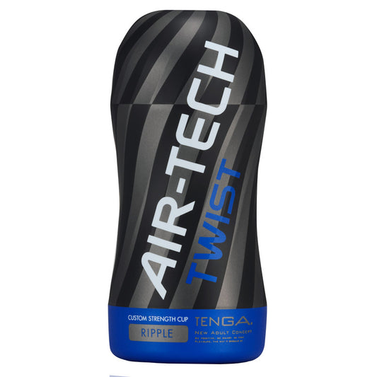 A cylindrical container with a black and blue design labeled 'Tenga Air Tech Twist Ripple'. The container is designed for a reusable vacuum cup masturbator.