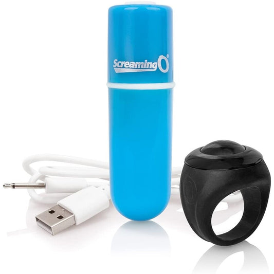 A small blue bullet vibrator with a USB charger and a black remote controller.