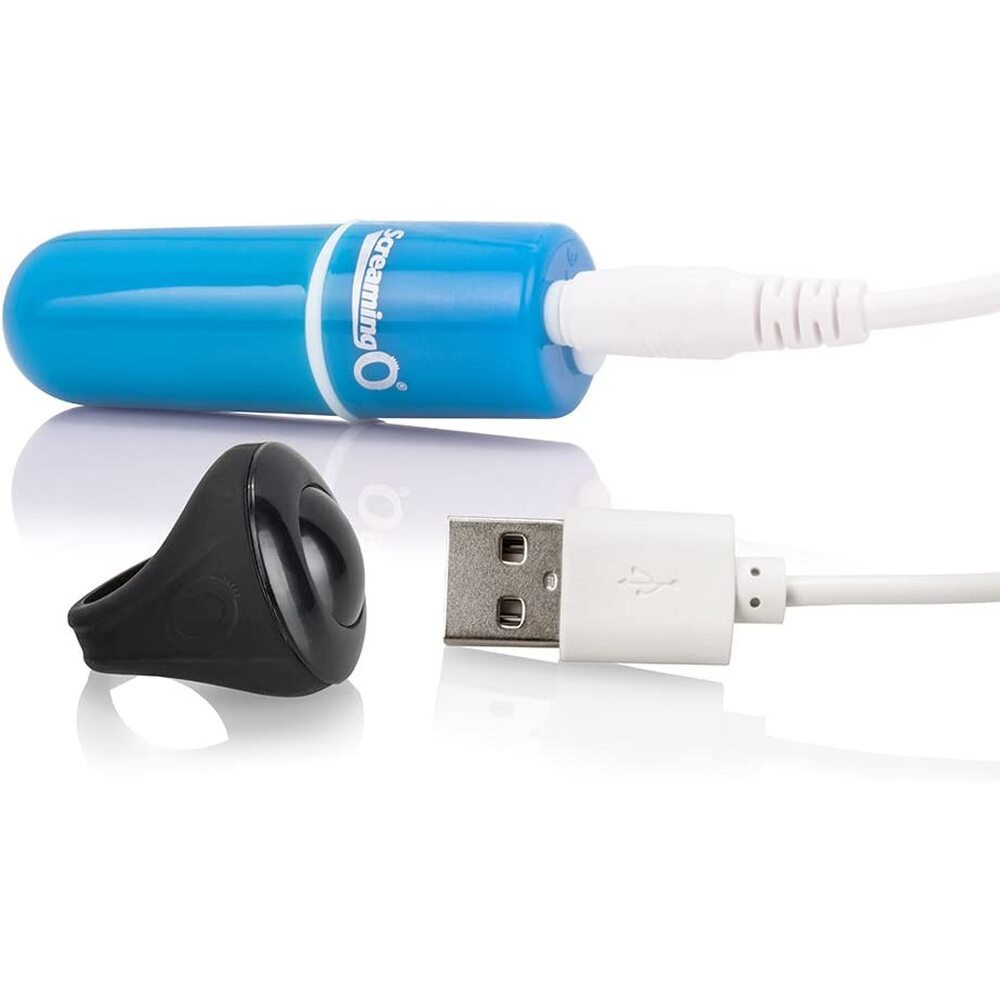 A small blue bullet vibrator with a USB charger and a black remote controller.