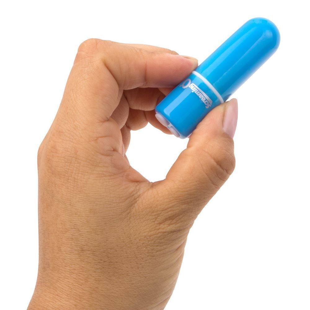 A small blue bullet vibrator with a USB charger and a black remote controller.