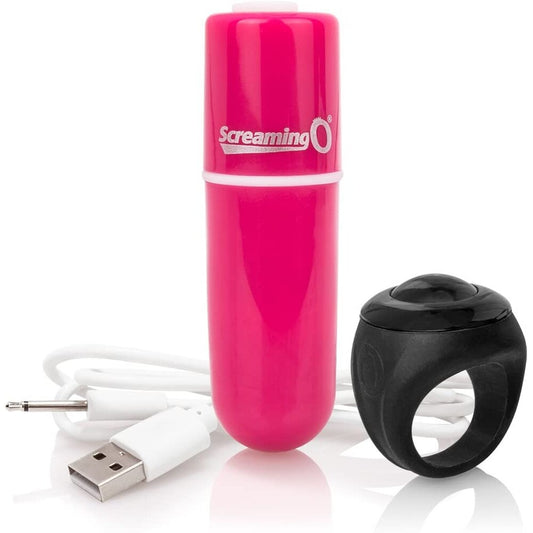 A pink remote-controlled bullet vibrator with a USB charging cable and a black remote control shaped like a finger-ring.
