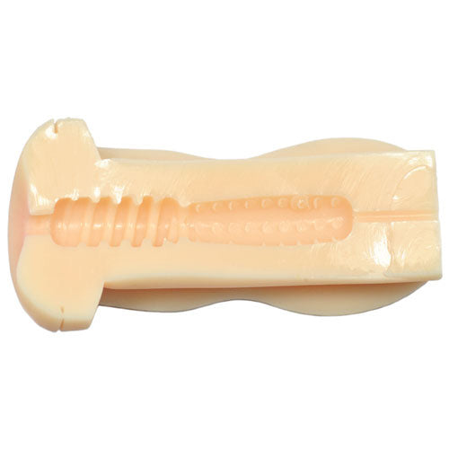 A handheld masturbator with a realistic flesh pink anal opening, designed to replicate the look and feel of human skin.