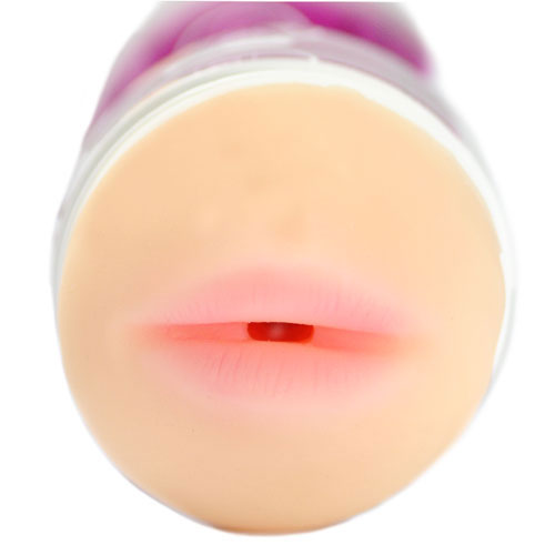 A handheld masturbator with a mouth opening, made from stretchy, realistic material in a flesh pink color.