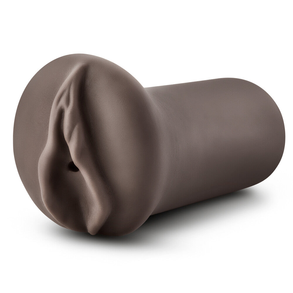 Brown dildo with listed features on a white background