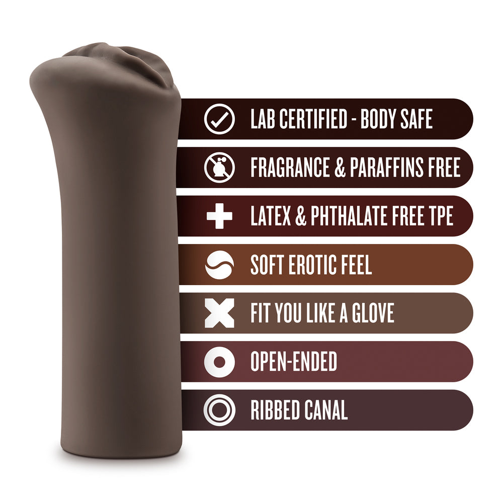 Brown dildo with listed features on a white background