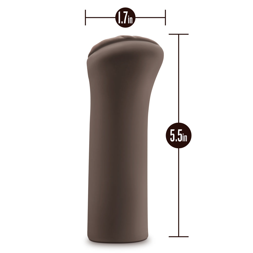 Brown dildo with listed features on a white background
