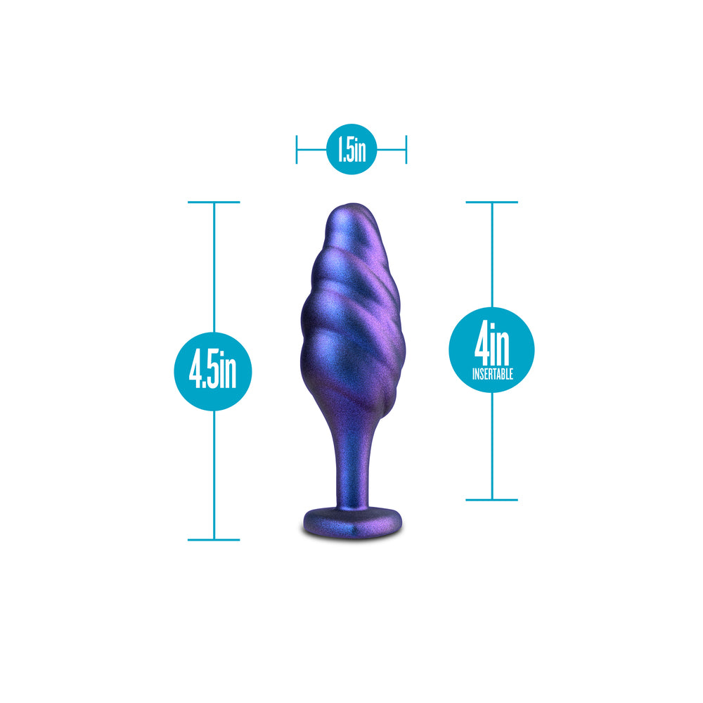 Purple and blue butt plug with measurements on a white background