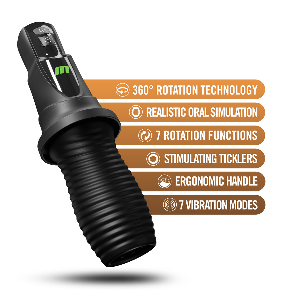 A black male masturbator with a ribbed texture and a digital control panel. It highlights features such as 360° rotation technology, realistic oral simulation, 7 rotation functions, stimulating ticklers, and 7 vibration modes.