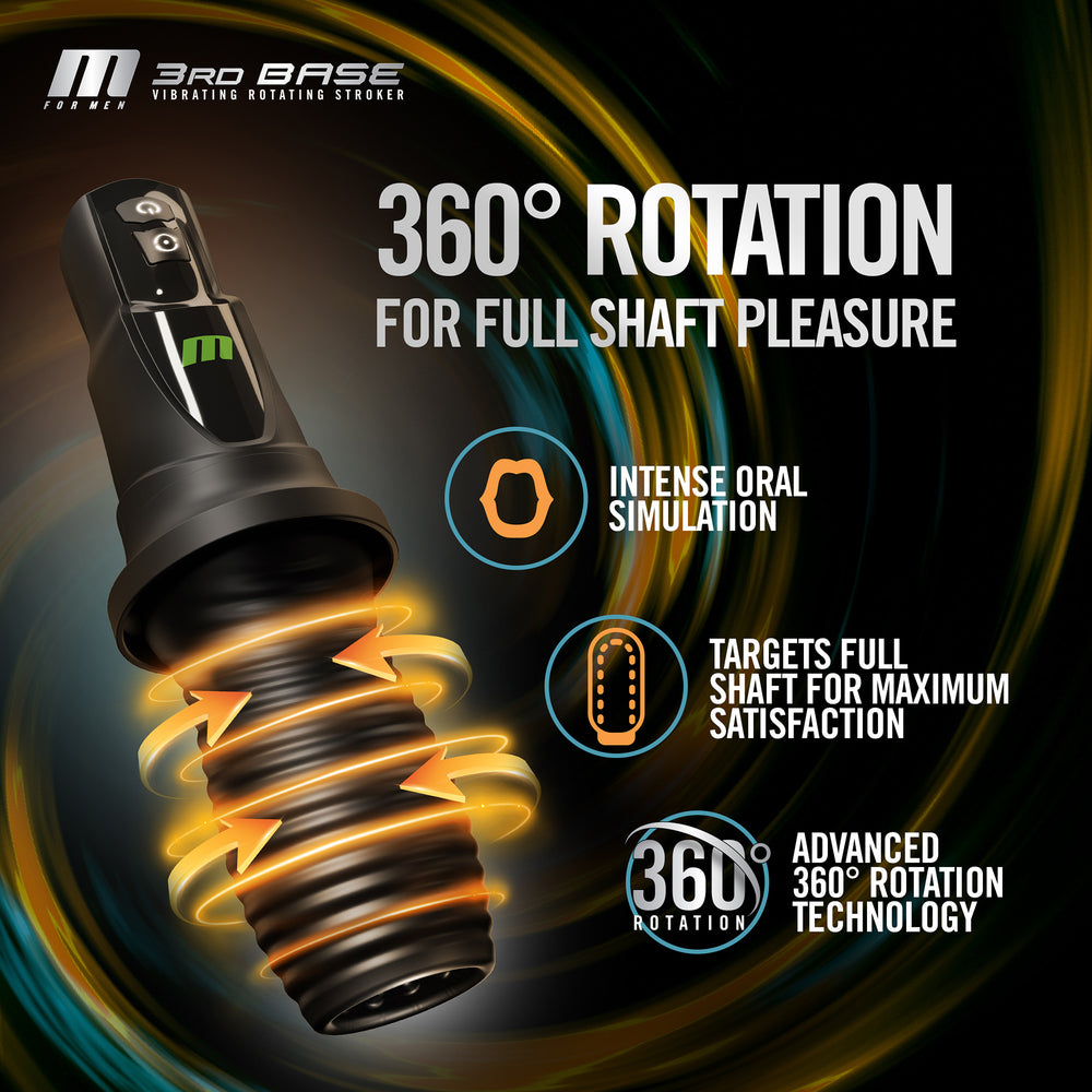 Product advertisement for a vibrating rotating stroker with 360-degree rotation feature.