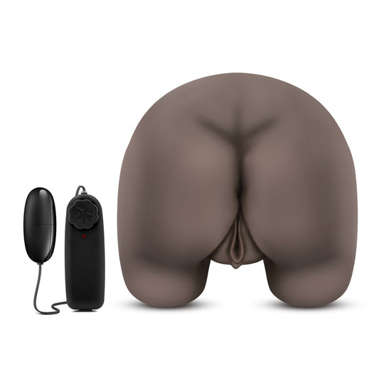 A brown masturbator designed to resemble a realistic lower body with a ribbed texture. It includes a bullet vibrator for added stimulation and features a wired power control.