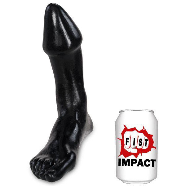 Black footed product next to a can labeled 'Fist Impact' on a white background