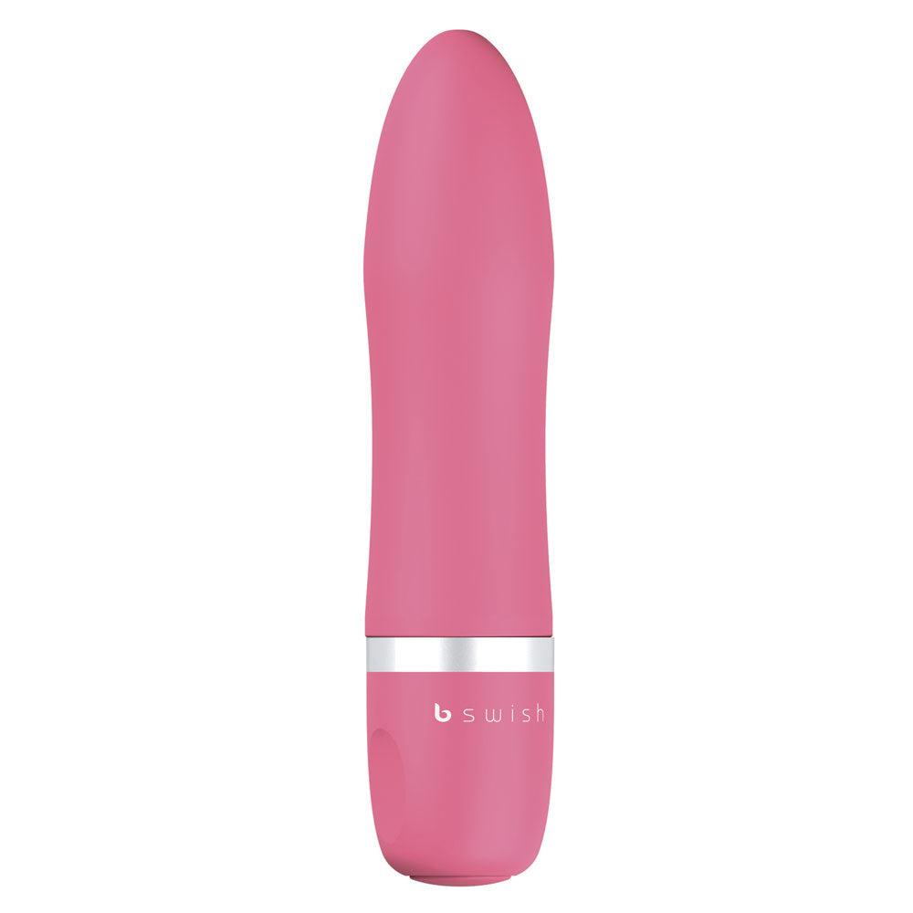 A pink, straight and tapered mini vibrator with a slightly softer tip, ridges for grip, and a silver band near the base. The brand 'bswish' is visible on the silver band.