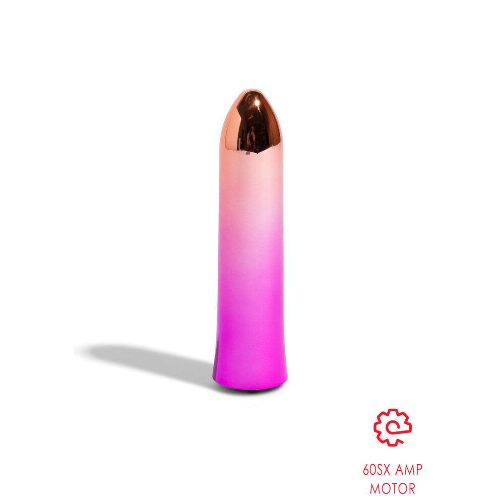 A hand holding a pink aluminium bullet vibrator with a sleek design.