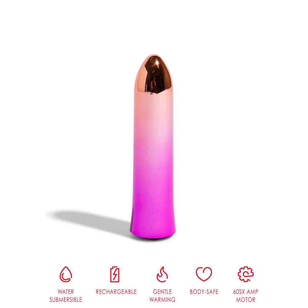 A hand holding a pink aluminium bullet vibrator with a sleek design.
