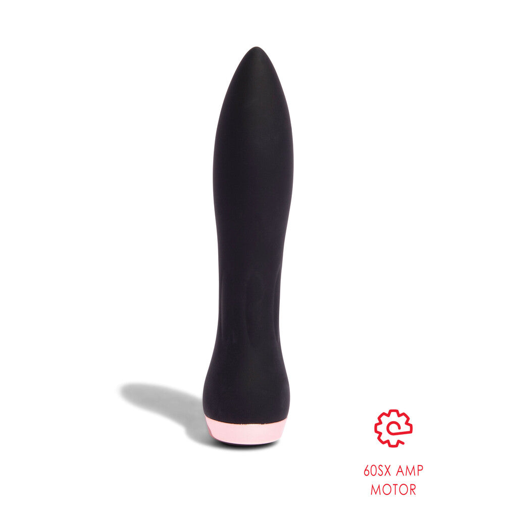 A sleek, black silicone bullet vibrator with a pink base, indicating its 60SX AMP motor.