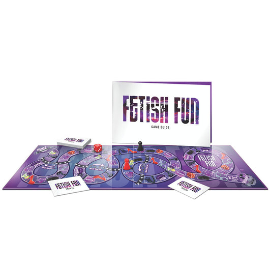 The image shows the packaging and components of the Fetish Fun Board Game, including the game board, cards, and dice.