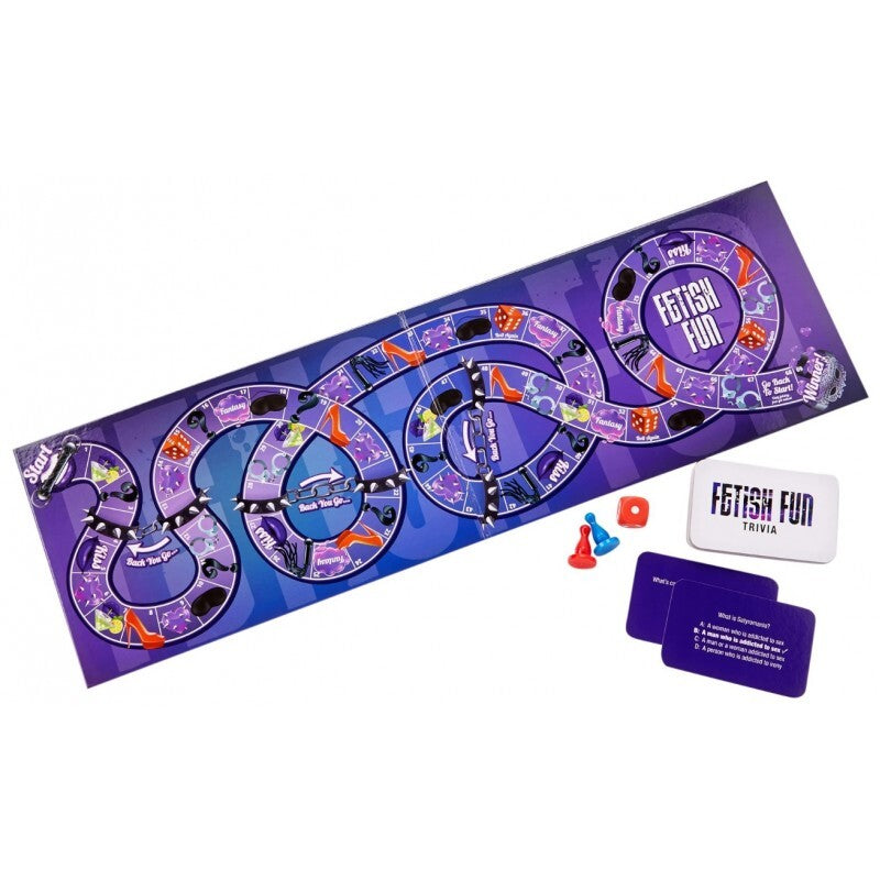 The image shows the packaging and components of the Fetish Fun Board Game, including the game board, cards, and dice.