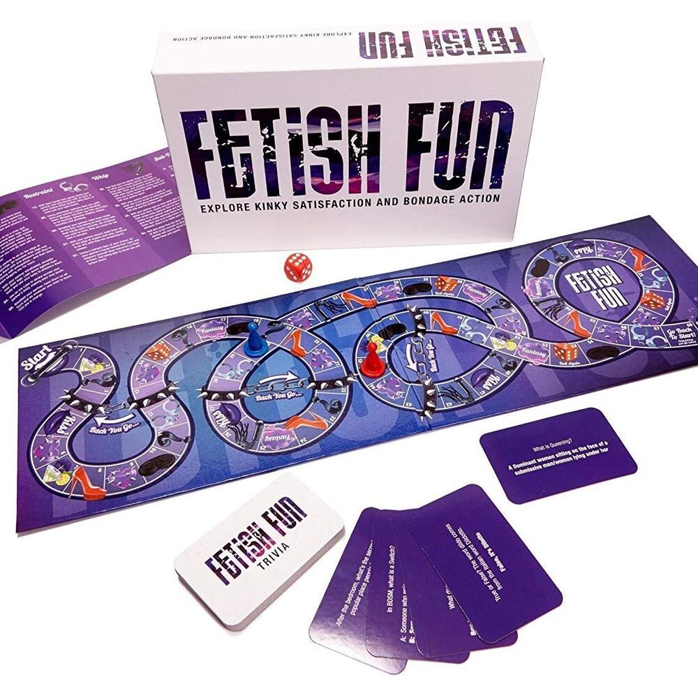 The image shows the packaging and components of the Fetish Fun Board Game, including the game board, cards, and dice.