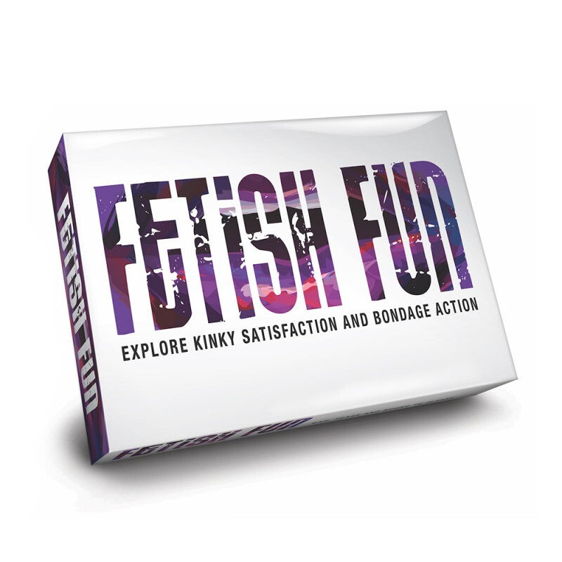 The image shows the packaging and components of the Fetish Fun Board Game, including the game board, cards, and dice.