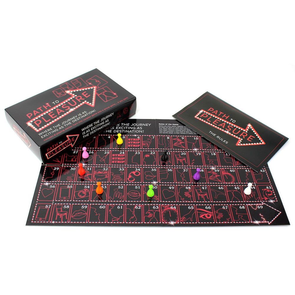 The product image shows a board game titled "The Path To Pleasure Game". The game board is black with red and black text and graphics, and it includes a die and colorful playing pieces.
