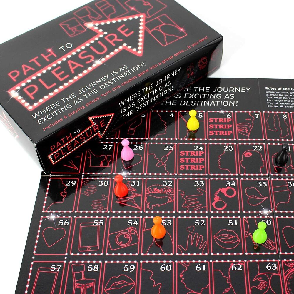 The product image shows a board game titled "The Path To Pleasure Game". The game board is black with red and black text and graphics, and it includes a die and colorful playing pieces.