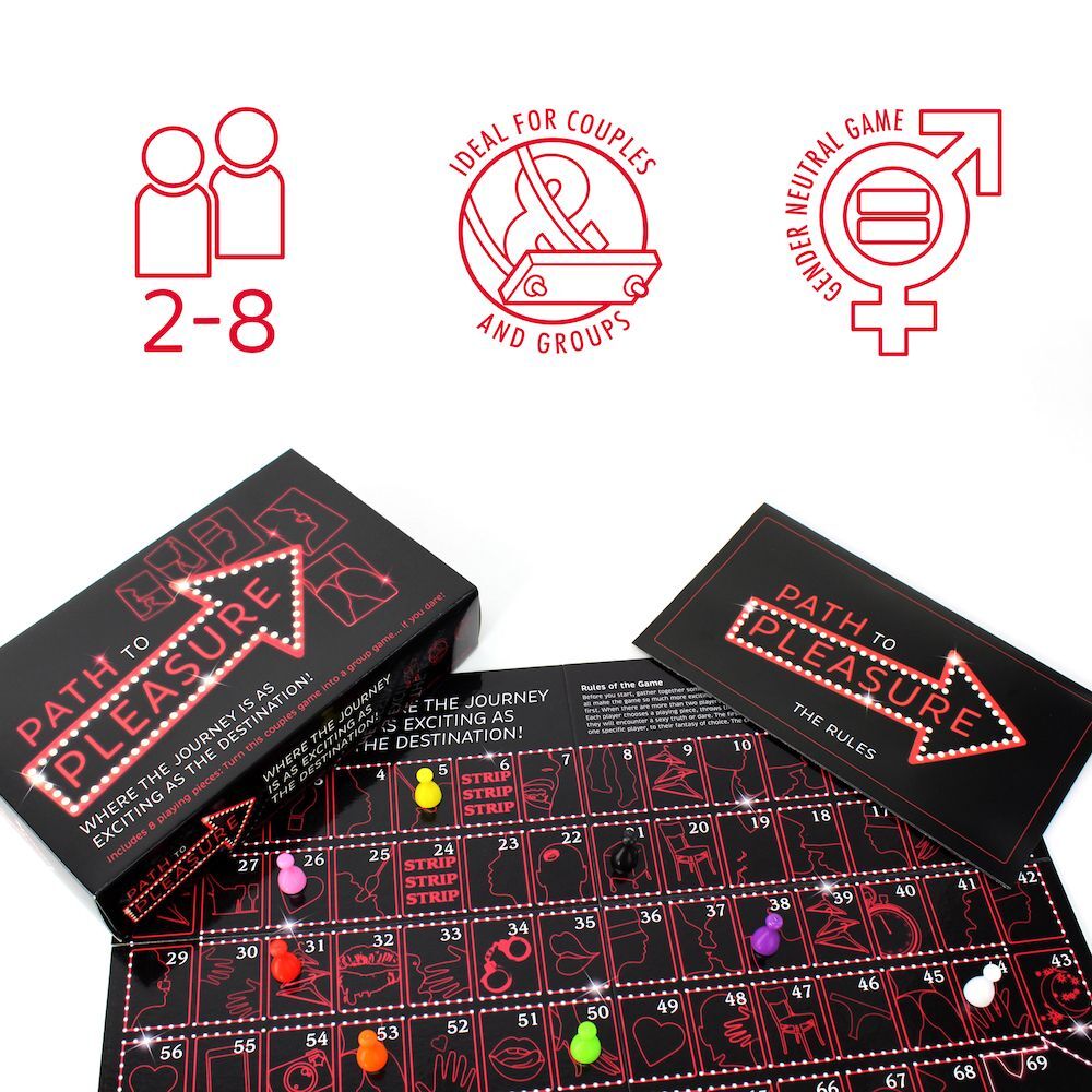 The product image shows a board game titled "The Path To Pleasure Game". The game board is black with red and black text and graphics, and it includes a die and colorful playing pieces.