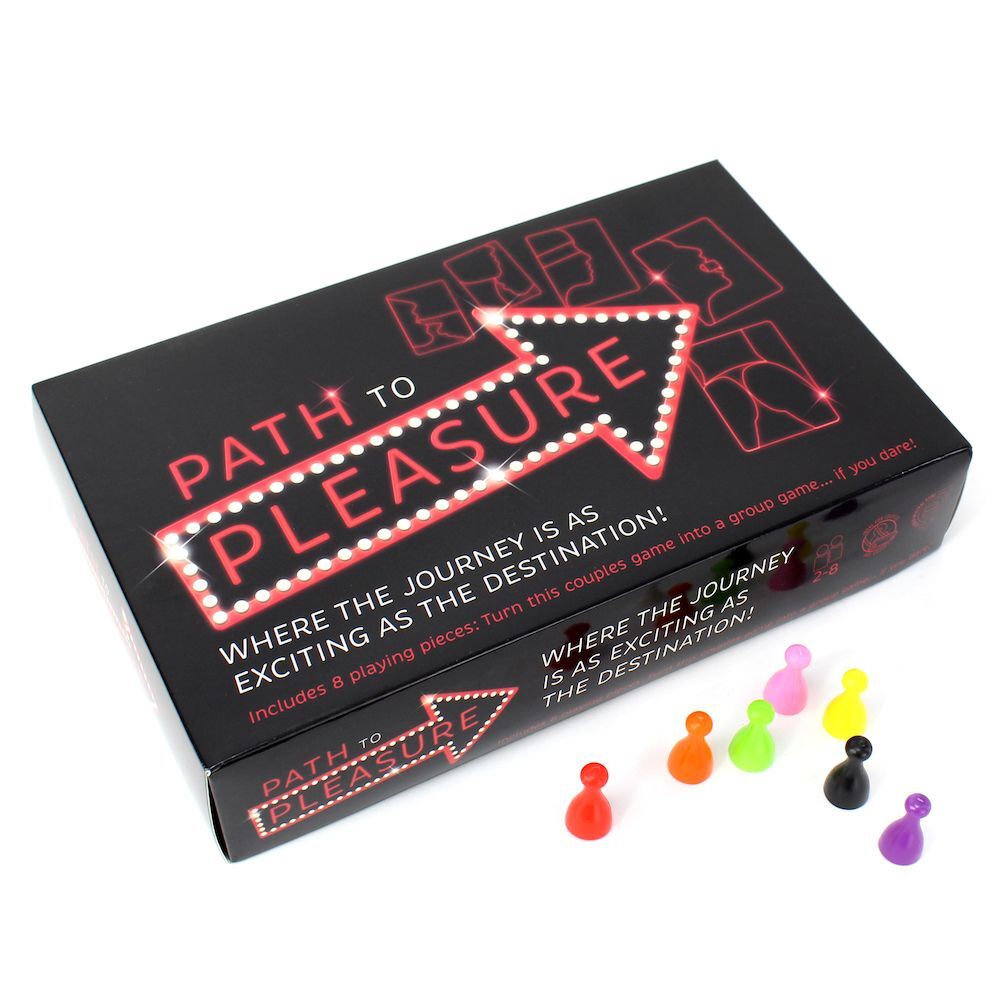 The product image shows a board game titled "The Path To Pleasure Game". The game board is black with red and black text and graphics, and it includes a die and colorful playing pieces.